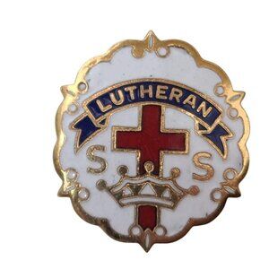 Vintage Lutheran Sunday School Enamel Pin Little Cross Crown System Gold Filled